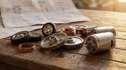 Metal gears motors and copper coils on rustic wooden table with technical drawings for engineering workshop poster or product layout