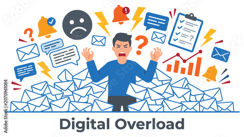 Foto Digital overload concept with stressed man.