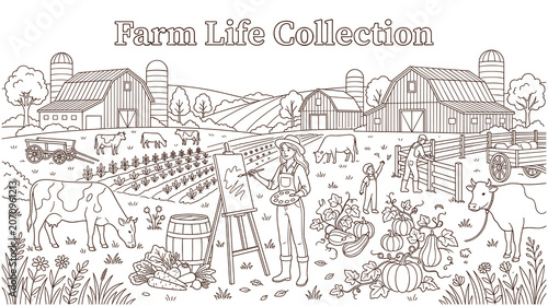 Fotografie Farm life collection doodle hand drawn with outline style.