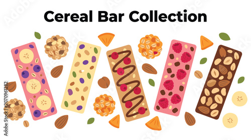 Schilderij op canvas Cereal bar collection with various flavors and ingredients.