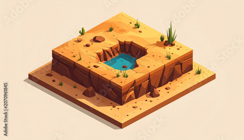Isometric Desert Oasis Diorama Cracked Earth, Small Pool, Sparse Plants, Drought Concept