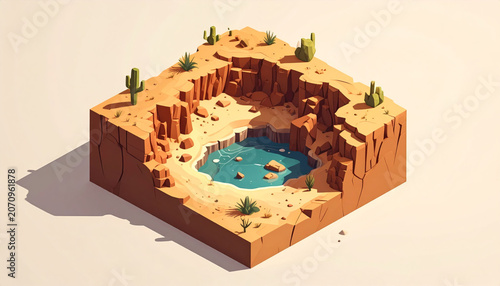 Isometric Desert Oasis Canyon with Water, Cacti  Dry Earth