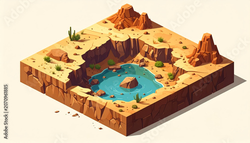 Isometric Desert Oasis Diorama Canyon Landscape with Water, Cacti and Rocks