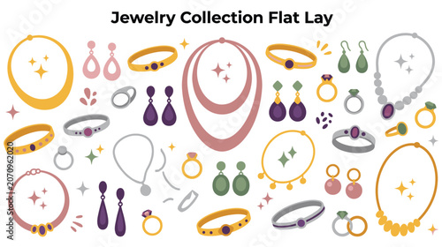 Jewelry collection flat lay with various elegant accessories.