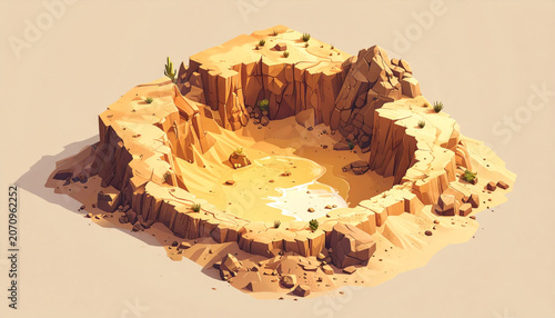 Desert Crater Landscape Isometric View - Dry Arid Canyon with Sparse Vegetation