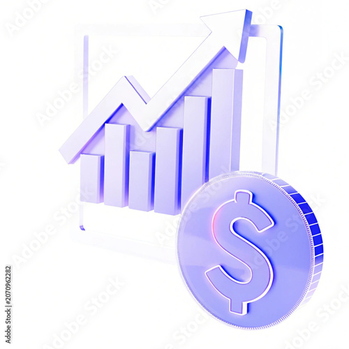 3d purple graph with dollar coin on white background showing growth and finance