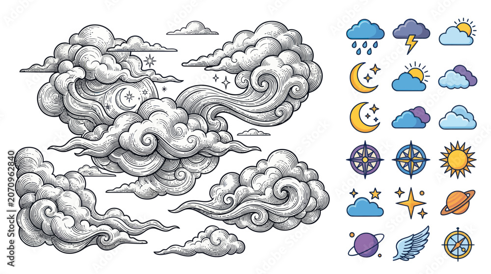 Fototapeta premium Weather icons and cloud illustrations set.