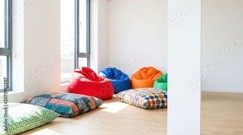 Bright minimal relaxation corner with colorful bean bags and patterned floor cushions for lounge space background and flexible seating design