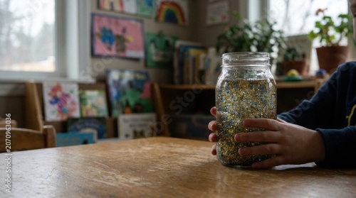Child holding glitter calm down jar at a classroom desk for mindfulness sensory activity and learning tool background
