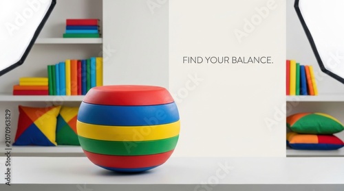 Multicolor wobble balance stool with stacked books and cushions for ergonomic seating product poster and banner design