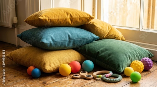 Cozy floor cushions with textured fabrics and sensory stress relief toys for relaxation corner background and wellness design