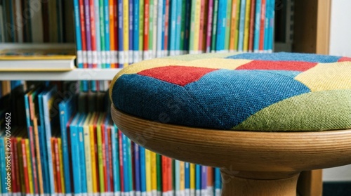 Close up colorful patchwork fabric stool seat with wooden base in front of stacked children's books for interior background and home decor scene
