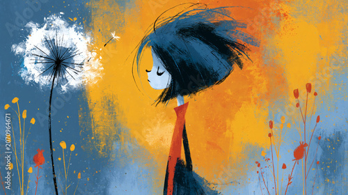 Girl Blowing Dandelion in Vibrant Blue and Orange Background – Dreamy Fantasy Illustration