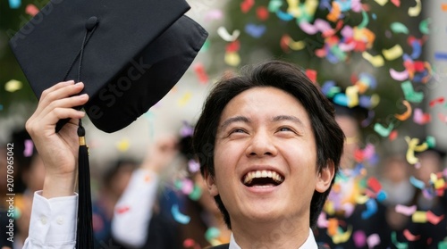 Ecstatic graduate holding cap with colorful confetti falling and smiling for celebration banner and graduation portrait background