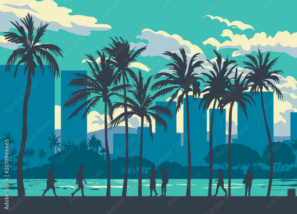 Fototapeta premium WPA poster art of Ala Wai Canal with cityscape along Ala Wai Boulevard in the Waikiki tourist district in Honolulu, Hawaii in done in works project administration style or federal art project style.