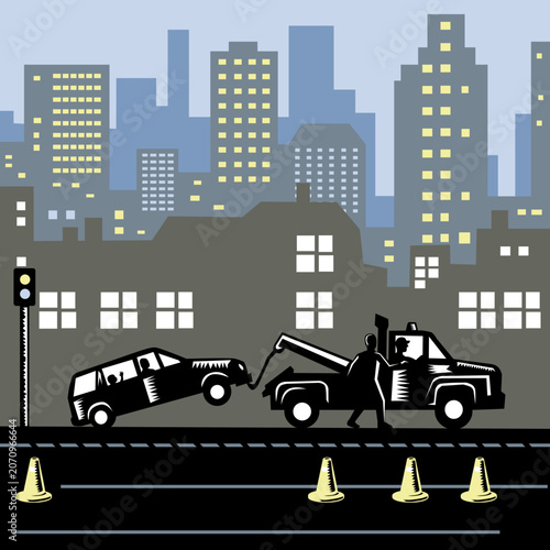Illustration of car being towed away with passengers inside while man tries to stop tow truck driver with buildings in background done in retro woodcut style. 
