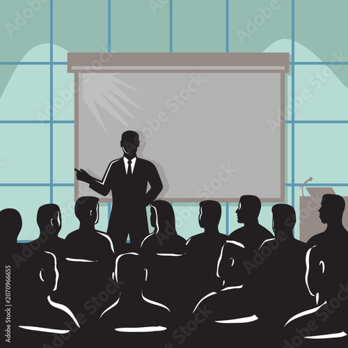 Illustration of a male speaker lecturer presenter talking in front of audience with projector screen at the back done in retro woodcut style .