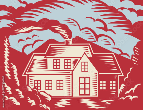 Retro illustration of a colonial house homestead cottage with trees and mountains in background done in woodcut style.