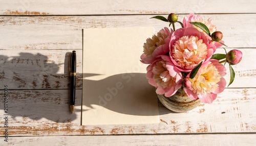 Top View Blank Invitation Card Mockup with Pink Peonies Bouquet, Fountain Pen and Warm Sunlight Shadows on White Rustic Wooden Table, Aesthetic Flat Lay Floral Greeting Card Background