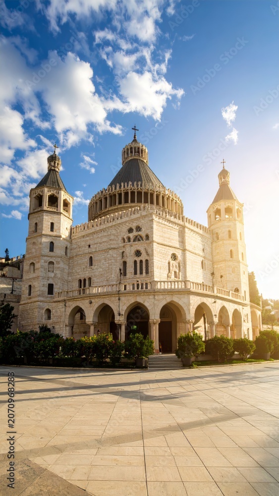 Obraz premium Magnificent basilica in Nazareth bathed in sunlight against a vibrant blue sky with clouds