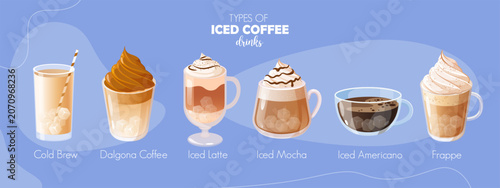 Types of Iced Coffee Drinks Menu Guide Vector Illustration, Cartoon Cold Brew, Dalgona Coffee, Iced Latte, Iced Mocha, Iced Americano and Frappe with Ice Cubes and Whipped Cream