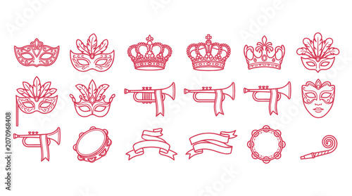 Photos Masquerade masks royal crowns and parade musical instruments set