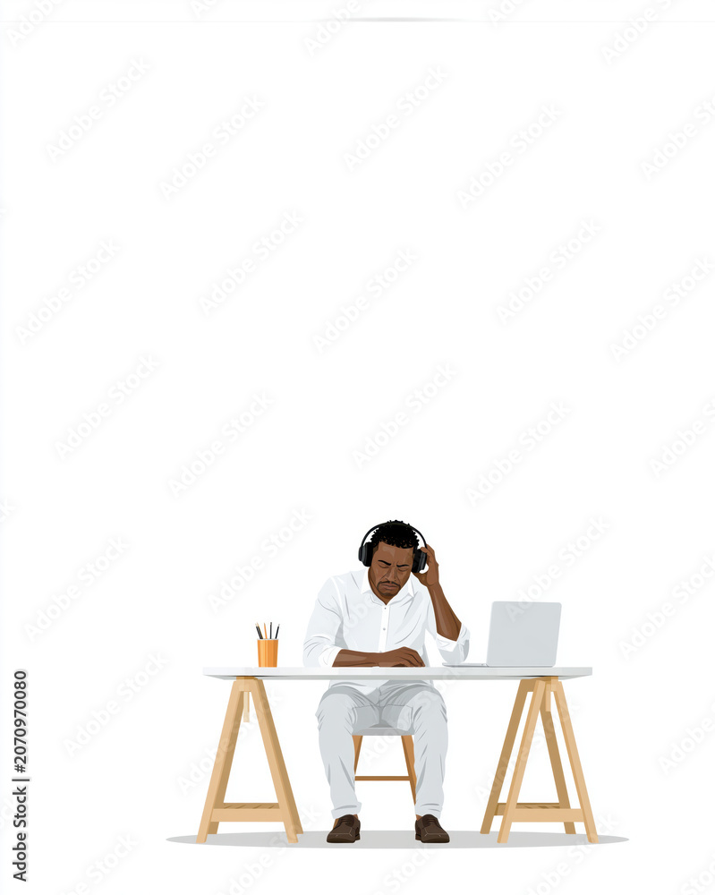 Fototapeta premium Man putting on headphones at a desk with laptop, focused on remote work and study
