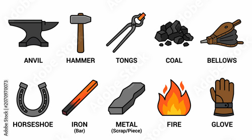 Konstfotografi Collection of blacksmith tools and forging equipment icons.