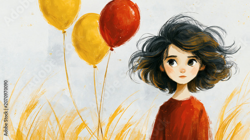 Young Girl with Balloons in Windy Field – Whimsical Childhood Illustration