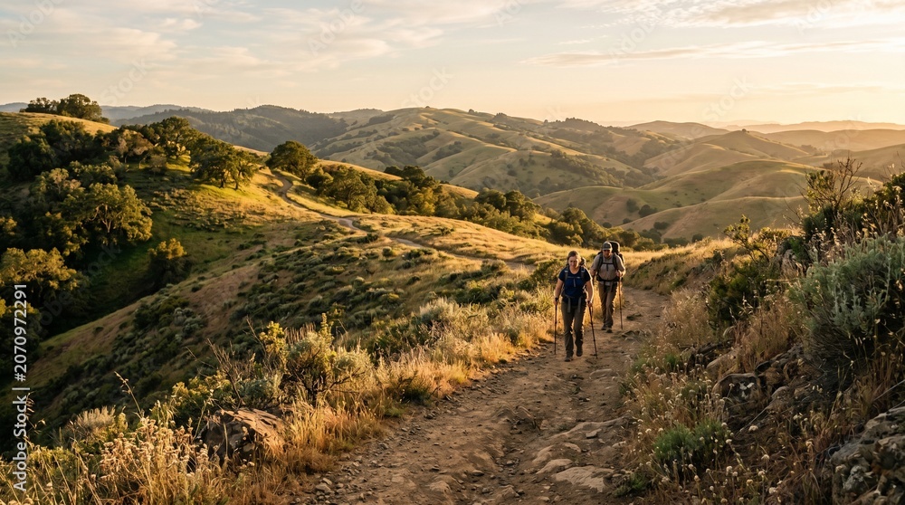 Obraz premium Two hikers with backpacks and trekking poles walk along a dusty trail through rolling hills at sunset