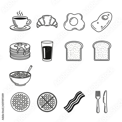 Breakfast food and drink icons set.