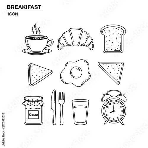 Breakfast food and drink icons set.