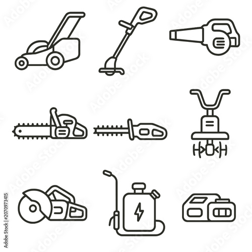 Cordless blower sprayer chainsaw icons vector electric trimmer icon tools cutter leaf