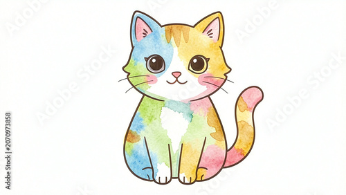 A watercolor painting of a cat sitting on a white background.