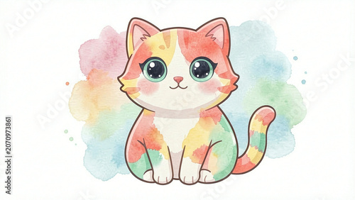 A watercolor painting of a cute cat sitting on a white background.
