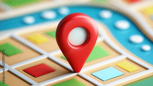 3D render of a red map location pin on a stylized city grid map
