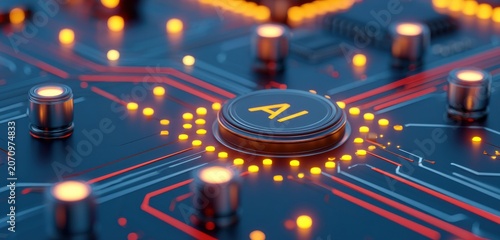 Artificial Intelligence AI chip on a futuristic circuit board with glowing connections
