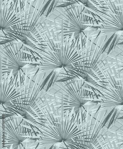 Seamless sophisticated sage green abstract texture with high-quality elegant sharp palm leaf botanical patterns and intricate modern tropical foliage surface
