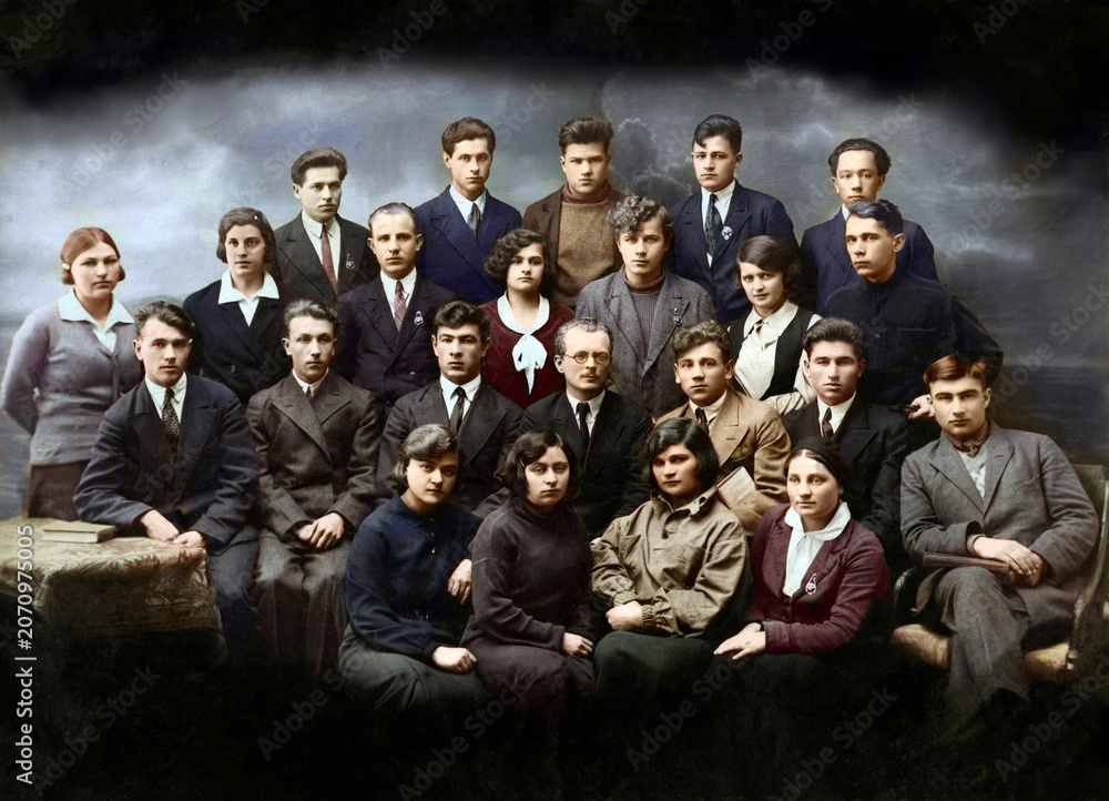 Fototapeta premium Borovichi, Leningrad Oblast, USSR - May 25, 1933: Students and teachers of the Mining and Ceramics Technical School posing for a formal group portrait