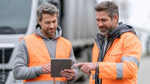 Two male waste management workers in orange safety vests discussing information on a tablet device near a rubbish truck in an outdoor setting