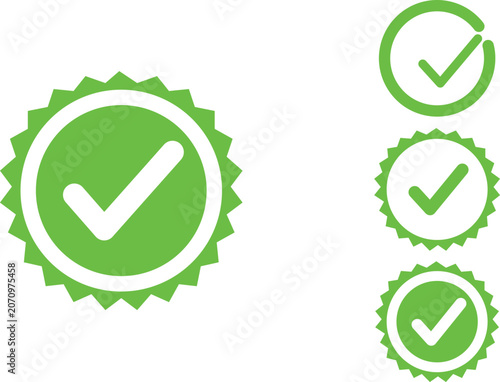 Green circular badge icons with white check marks representing approval and verification checkmark verification