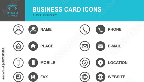 Set of modern professional business card contact information icons for communication with business, communication