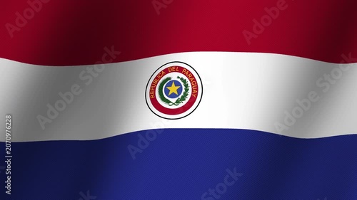 Paraguayan Flag Waving: The vibrant flag of Paraguay, featuring horizontal stripes of red, white, and blue, proudly waves in the wind, displaying its national emblem at its center.