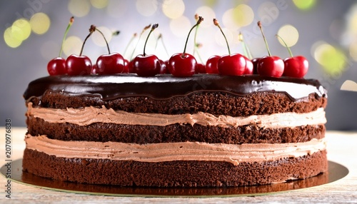 delicious layered chocolate cake with cherry topping and decoration