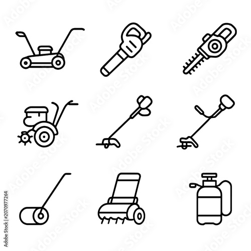 Sprayer icons blower gardening icon lawn trimmer brush tiller tool string vector