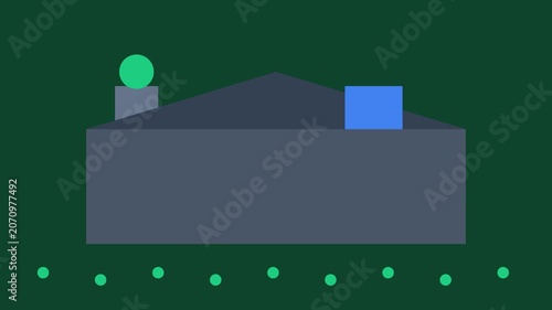 Minimalist house animation with geometric shapes and abstract motion on dark green background, home real estate