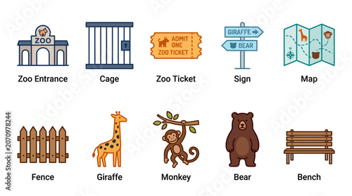 Slika na platnu Zoo icons collection with animals and park elements.
