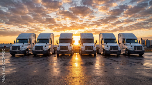 Photography Five white commercial delivery vans parked in a row on an asphalt lot during a g