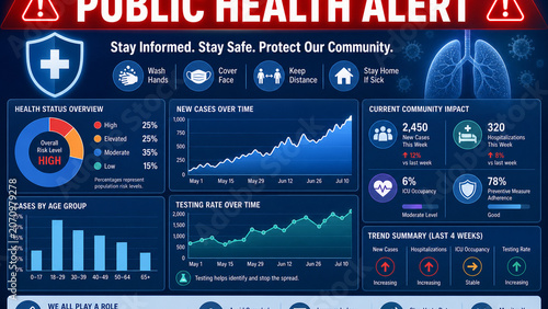 Digital public health alert dashboard with safety icons, risk levels, case trends, testing rates, and community impact data in blue and red.