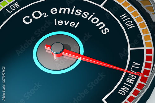 Fotografie CO2 emission concept with indicator pointing to alarming